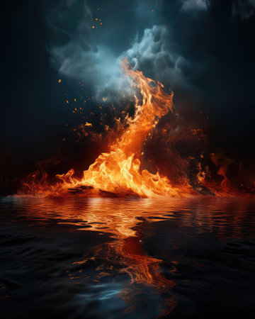 Fiery flames clash with surging water in a dynamic battle of elements. The wild flame battles the cool water in an iconic elemental confrontation.の写真素材