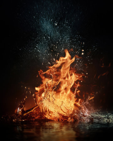 Fiery flames clash with surging water in a dynamic battle of elements. The wild flame battles the cool water in an iconic elemental confrontation.の写真素材