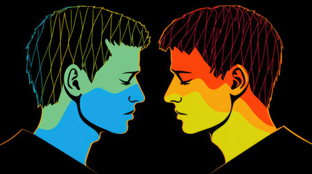 Two figures with contrasting colors face each other, embodying the struggle of depression, anxiety,...