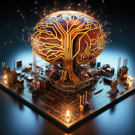 Sci-fi concept. The central computer processor in the form of an artificial brain microchip as the...