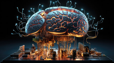 Sci-fi concept. The central computer processor in the form of an artificial brain microchip as the...