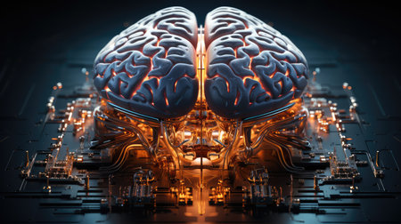 Sci-fi concept. The central computer processor in the form of an artificial brain microchip as the...