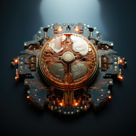 Sci-fi concept. The central computer processor in the form of an artificial brain microchip as the...