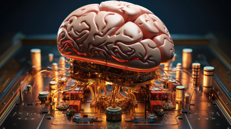 Sci-fi concept. The central computer processor in the form of an artificial brain microchip as the main element of the artificial intelligence system is installed on the motherboard of the supercomputerの写真素材
