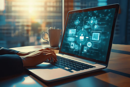 A silhouette of a person in front of a laptop, surrounded by digital icons, symbolizing...