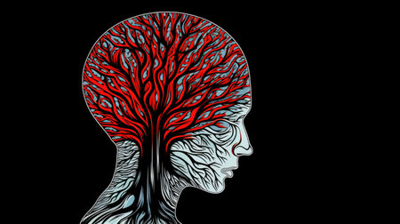A striking illustration portrays a human silhouette with a vivid tree emerging from the head. Branches appear as neural pathways, symbolizing the deep bond between humanity and nature.の写真素材