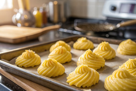 Delicate duchess potatoes are beautifully piped onto a baking tray, ready for baking in a sunlit...