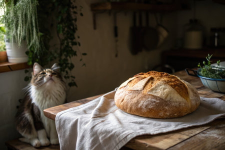 Golden crusted sourdough bread lies on a soft linen cloth in a rustic kitchen. A fluffy cat watches...