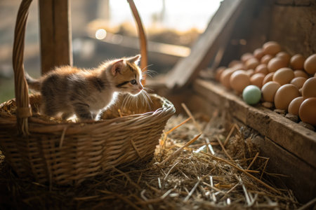 A curious kitten investigates a straw filled basket surrounded by farm fresh eggs in a cozy barn. Sunlight filters through the wooden beams, creating a warm atmosphere.の写真素材