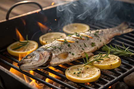 Fish is being grilled over an open fire, enhanced with fresh herbs and lemon slices. The flames...