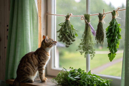 Bundles of fresh herbs hang to dry beside a farmhouse window, as a curious cat gazes at the vibrant greenery outside. The peaceful surroundings create a charming atmosphere.の写真素材