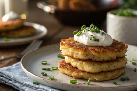 Three golden brown potato pancakes are stacked on a plate, garnished with a dollop of sour cream and...