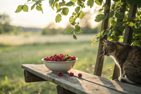 A bowl brimming with freshly picked raspberries rests on a rustic wooden table. A cat curiously observes the fruit as the sun sets, casting warm light across the serene countryside.の写真素材