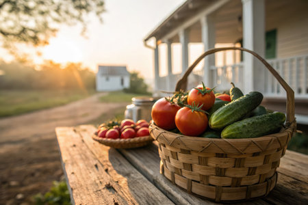 A wicker basket brimming with freshly picked tomatoes and cucumbers sits on a wooden table.の写真素材