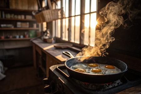 Eggs are frying in a cast iron pan on a stove, releasing steam as golden sunlight fills the cozy kitchen. The rustic decor adds warmth and charm to breakfast preparation.の写真素材