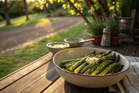 A bowl of charred asparagus topped with garlic butter is presented on a wooden table outside. Soft sunlight illuminates the serene garden setting, enhancing the flavors of this delightful dish.の写真素材