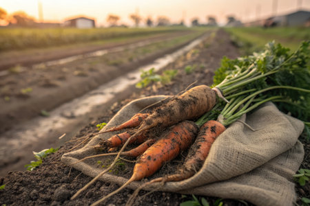 Heirloom carrots are freshly harvested from the earth, covered in soil.の写真素材