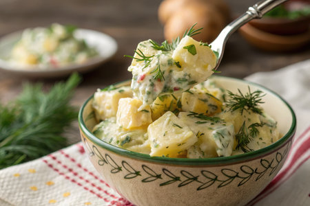 Rustic potato salad features tender potatoes mixed with fresh dill and mustard. The dish is presented in an ornate bowl, garnished with herbs, perfect for a casual gathering or picnic.の写真素材