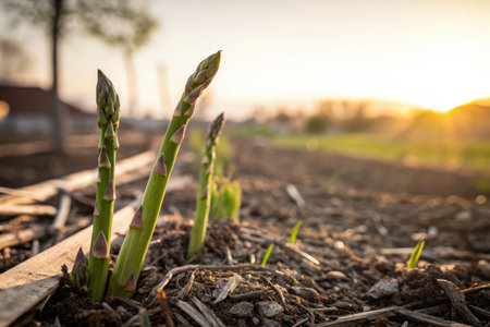 In a Georgia garden during spring, green asparagus spears push through the mulch as the sun rises,...