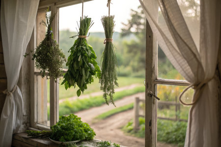 Bundles of fresh herbs are tied and suspended near a window in a rustic kitchen. The view outside reveals a serene garden under the soft glow of evening light, creating a tranquil atmosphere.の写真素材