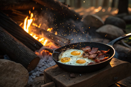 Bacon and eggs cook in a cast iron skillet placed over open flames, surrounded by stones and wood. The warm light from the fire enhances the rustic outdoor cooking experience.の写真素材