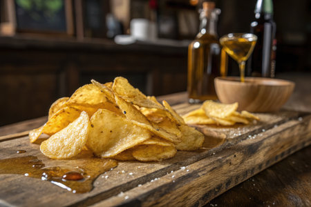 A close up view of crispy potato chips shimmering with oil, arranged on a wooden board next to bottles of oil and a small bowl. The rustic kitchen setting adds warmth to the display.の写真素材
