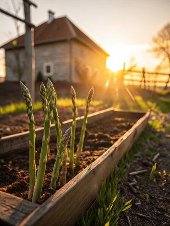 Asparagus spears stand tall in a raised garden bed, basking in the warm glow of a setting sun. The peaceful countryside provides a serene backdrop highlighting natures beauty.の写真素材