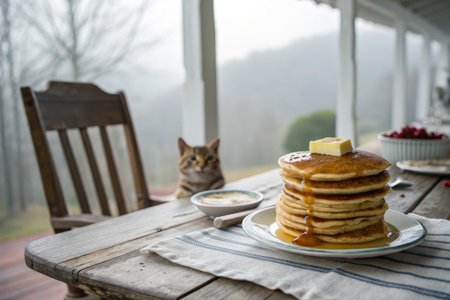 A stack of golden pancakes topped with melted butter and syrup sits on a wooden table outdoors. A curious cat watches nearby, surrounded by the serene beauty of the farm at dawn.の写真素材