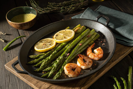 Bright lemon glazed asparagus and succulent shrimp are beautifully arranged on a cast iron plate. The delectable dish is perfect for a healthy dinner, showcasing vibrant colors and fresh ingredients.の写真素材