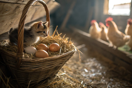 In a rustic chicken coop, a curious kitten observes farm eggs resting in a straw filled basket. Nearby, hens cluck as they roam freely, creating a warm farm atmosphere during daylight hours.の写真素材