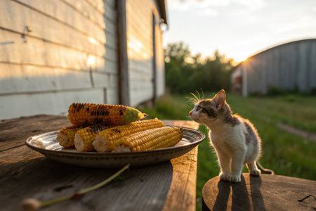 Sunlight glimmers on grilled corn displayed on a handcrafted ceramic plate. A curious cat approaches the plate in a serene rural environment during sunset, enhancing the peaceful vibe.の写真素材