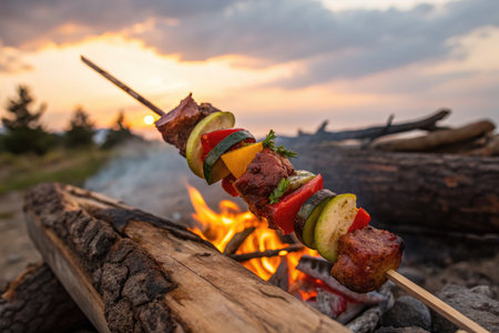 Skewers loaded with colorful vegetables and succulent meat are held above a crackling fire. The warm glow of sunset creates a beautiful backdrop for this outdoor cooking experience.の写真素材