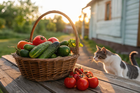 A close up view captures a basket full of vibrant vegetables including tomatoes and cucumbers. The warm light of sunset creates a serene atmosphere near a quaint home.の写真素材