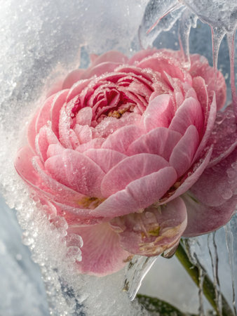 A delicate pink flower covered in ice crystals, frozen with icicles hanging down in a macro shot. A symbol of resilience.の写真素材
