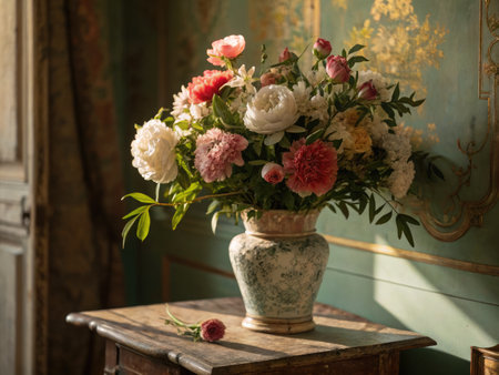 A vibrant bouquet of peonies and other flowers displayed in a vintage vase on a wooden table, indoors.の写真素材