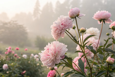 A serene field of pink peonies in full bloom basks in the early morning sunlight, surrounded by a hazy, dreamy atmosphere.の写真素材