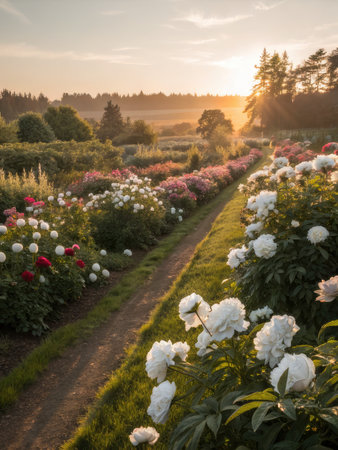A beautiful garden path meanders through rows of colorful peonies at sunset. The warm sunlight bathes the flowers.の写真素材
