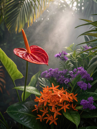A vibrant display of exotic flora showcases an anthurium and various blooms, set in a lush, misty...
