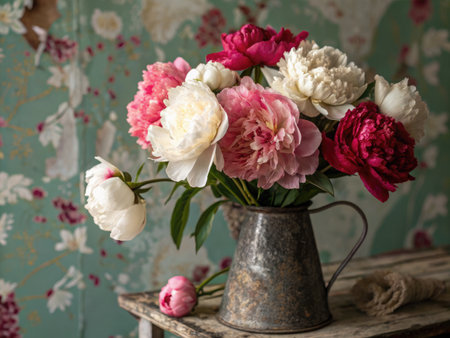 A beautiful bouquet of peonies in an old metal pitcher on a rustic wooden surface with patterned wallpaper.の写真素材
