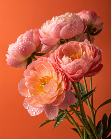 Close up presentation of a pink and coral Peonies bouquet, vibrant colors, petals covered in water...
