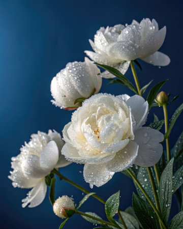 A bouquet of pristine peonies blooms against a dark blue background. Water droplets glisten on the delicate petals and green leaves, creating a refreshing and elegant presentation.の写真素材