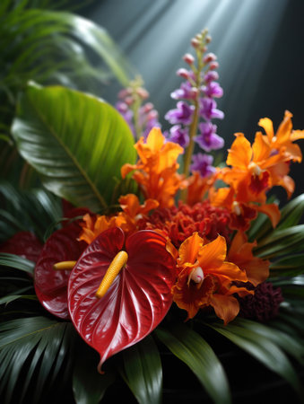 A collection of vibrant, tropical flowers are arranged together. Deep red Anthuriums, bright orange...