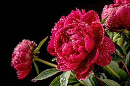Ultra macro studio capture displays an arrangement of deep red Peonies flowers. Water droplets sparkle on the petals against a dark backdrop, showcasing floral beauty.の写真素材