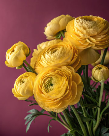 Several bright yellow peonies are seen in a tight bouquet. The petals appear to be tightly rolled. The petals are smooth and waxy. The background is a solid dark red color.の写真素材