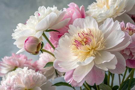 Ultra close up showcases a collection of blooming white and pink peonies, with some still in bud. The delicate petals and textures create a soft, romantic feel.の写真素材