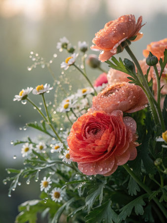 A beautiful arrangement of orange ranunculus flowers with dew drops, accented by white daisies,...