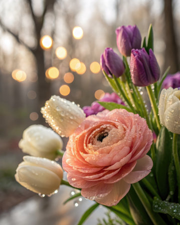 A stunning bouquet of pink ranunculus and purple tulips glistens with water droplets, captured in soft focus.の写真素材