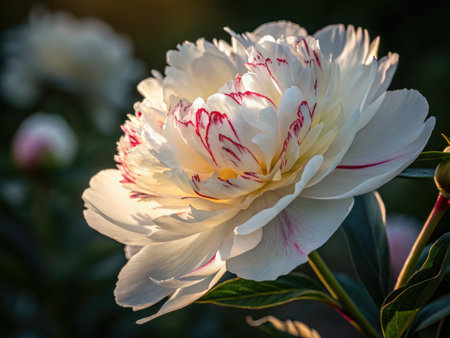 A close-up shot of a beautiful white peony flower with red accents, illuminated by soft sunlight. The intricate details of the petals are visible.の写真素材
