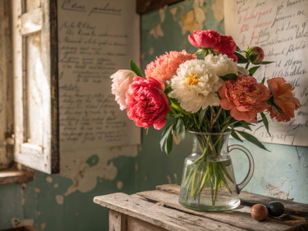 A vibrant bouquet of peonies in a glass vase rests on a weathered wooden surface, creating a rustic ambiance.の写真素材