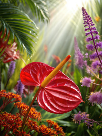 A vibrant red anthurium flower thrives amidst a lush, sunlit garden, surrounded by other colorful flora.の写真素材